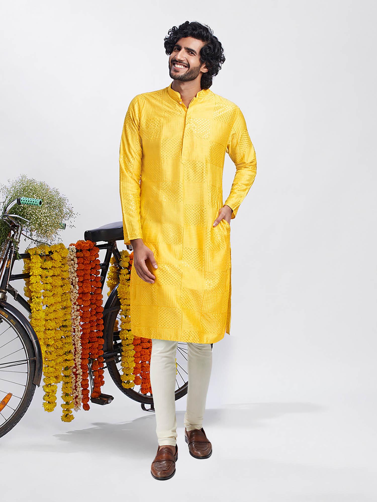 men yellow kurta churidar (set of 2)