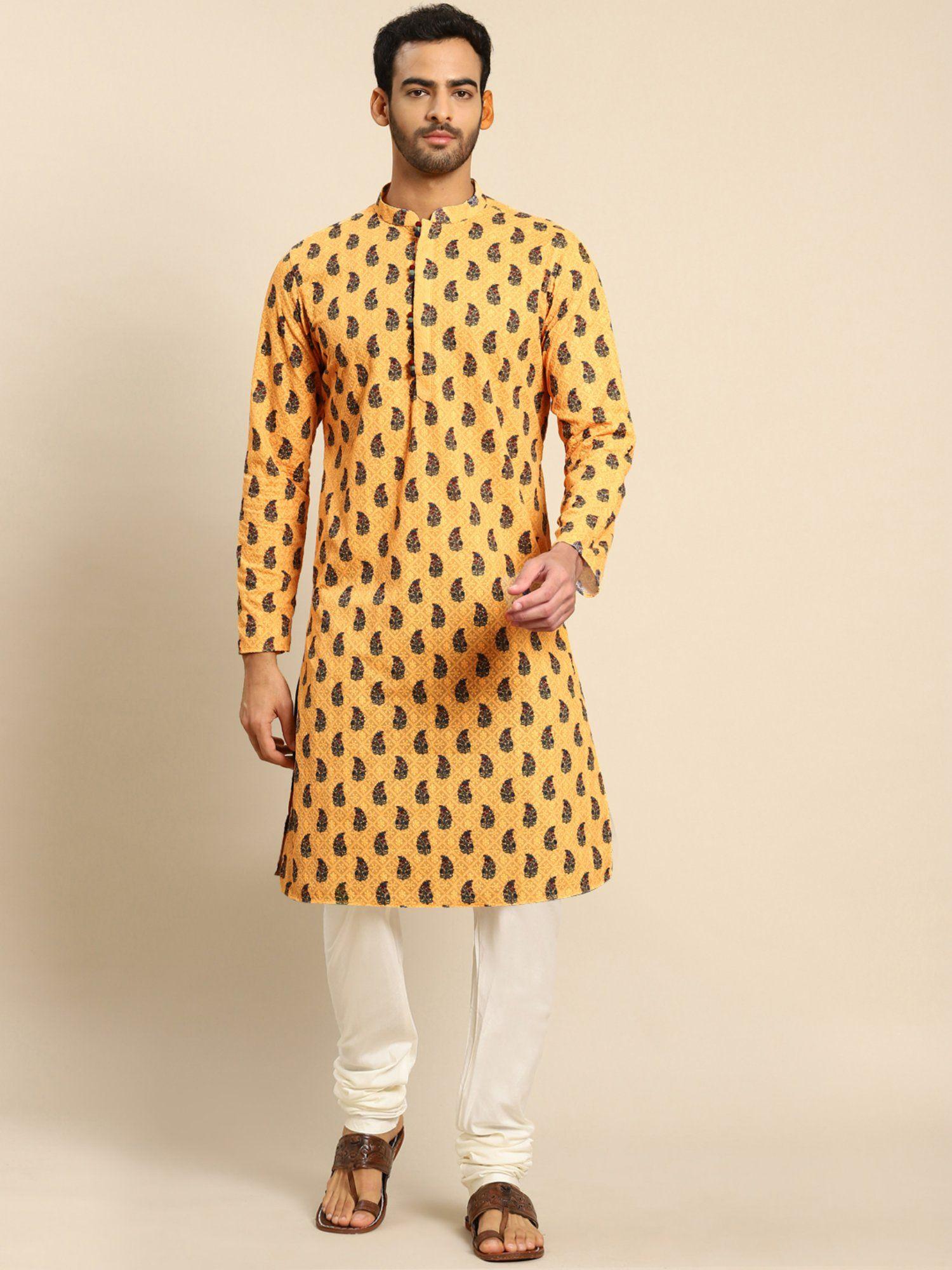 men yellow kurta set (set of 2)