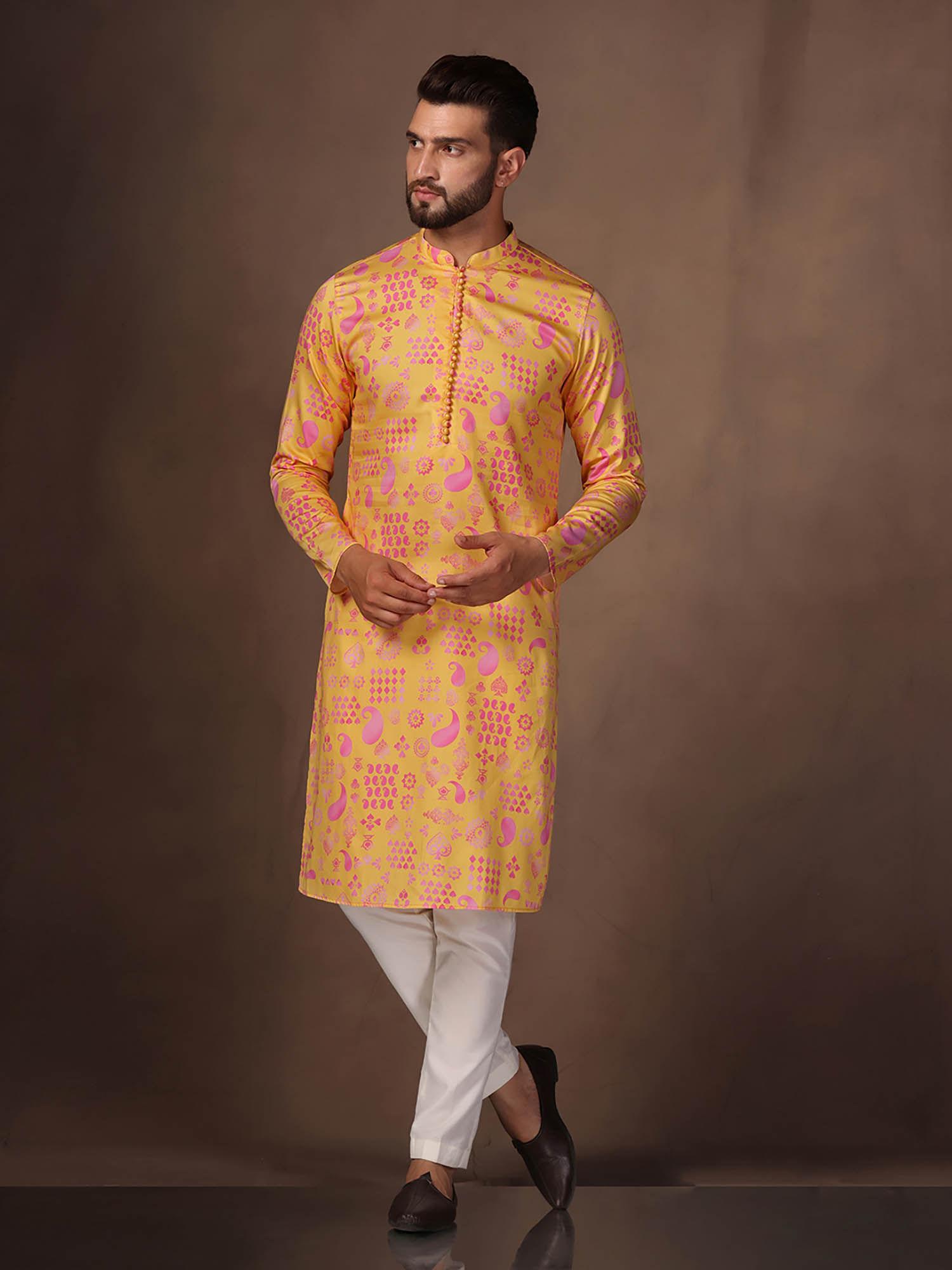 men yellow kurta trousers (set of 2)