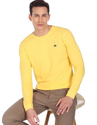 men yellow long sleeve cotton textured t-shirt