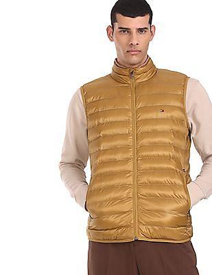 men yellow packable recycled polyester high neck quilted jacket