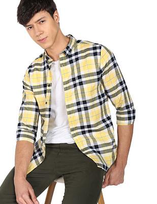 men yellow plaid check oxford casual shirt