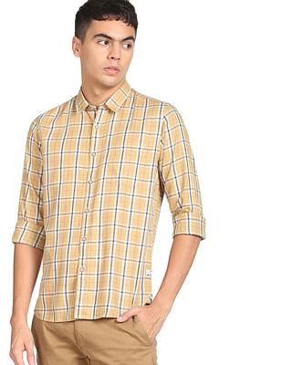 men yellow plaid check pure cotton casual shirt