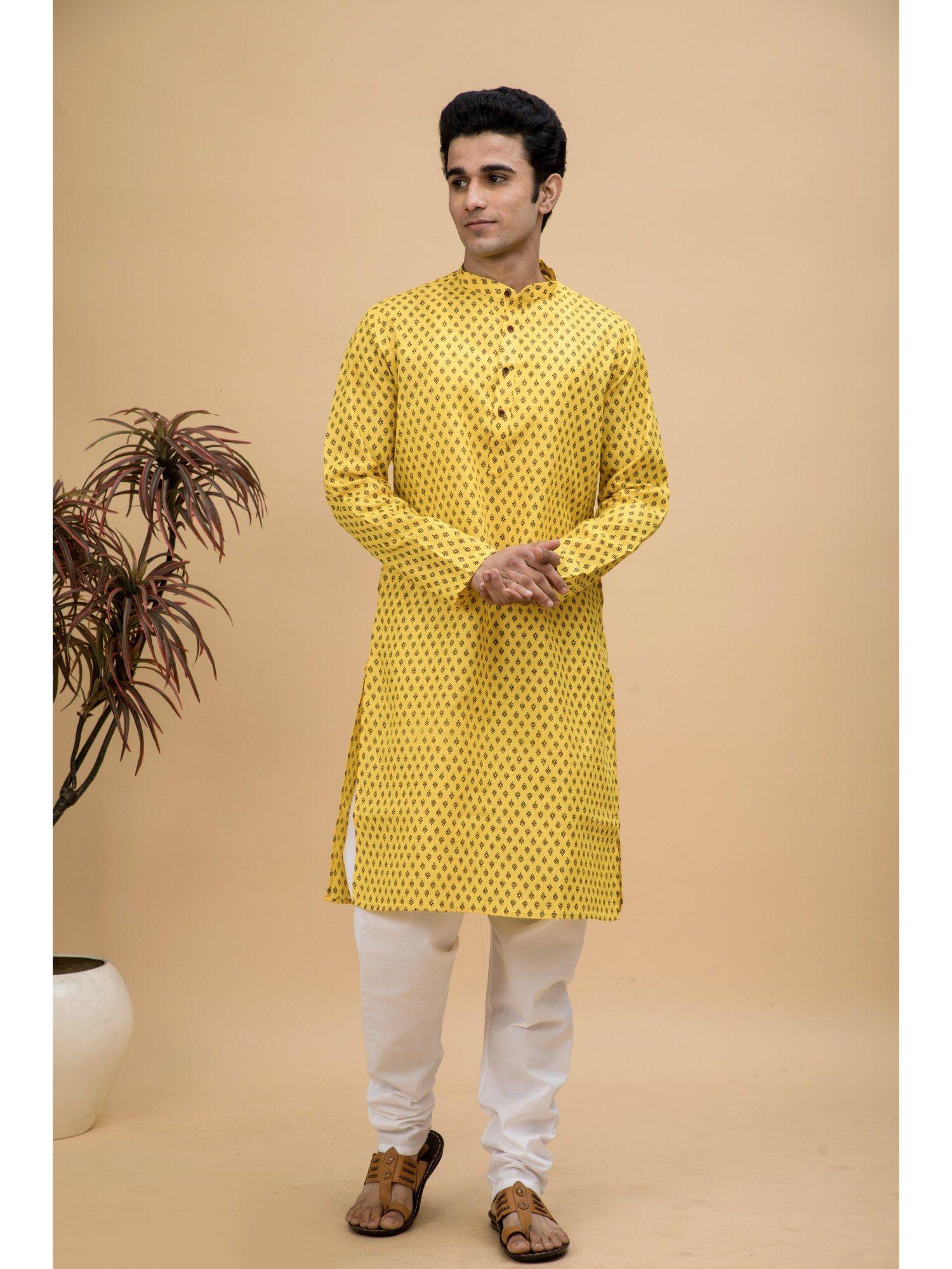 men yellow printed cotton long kurta (set of 2)