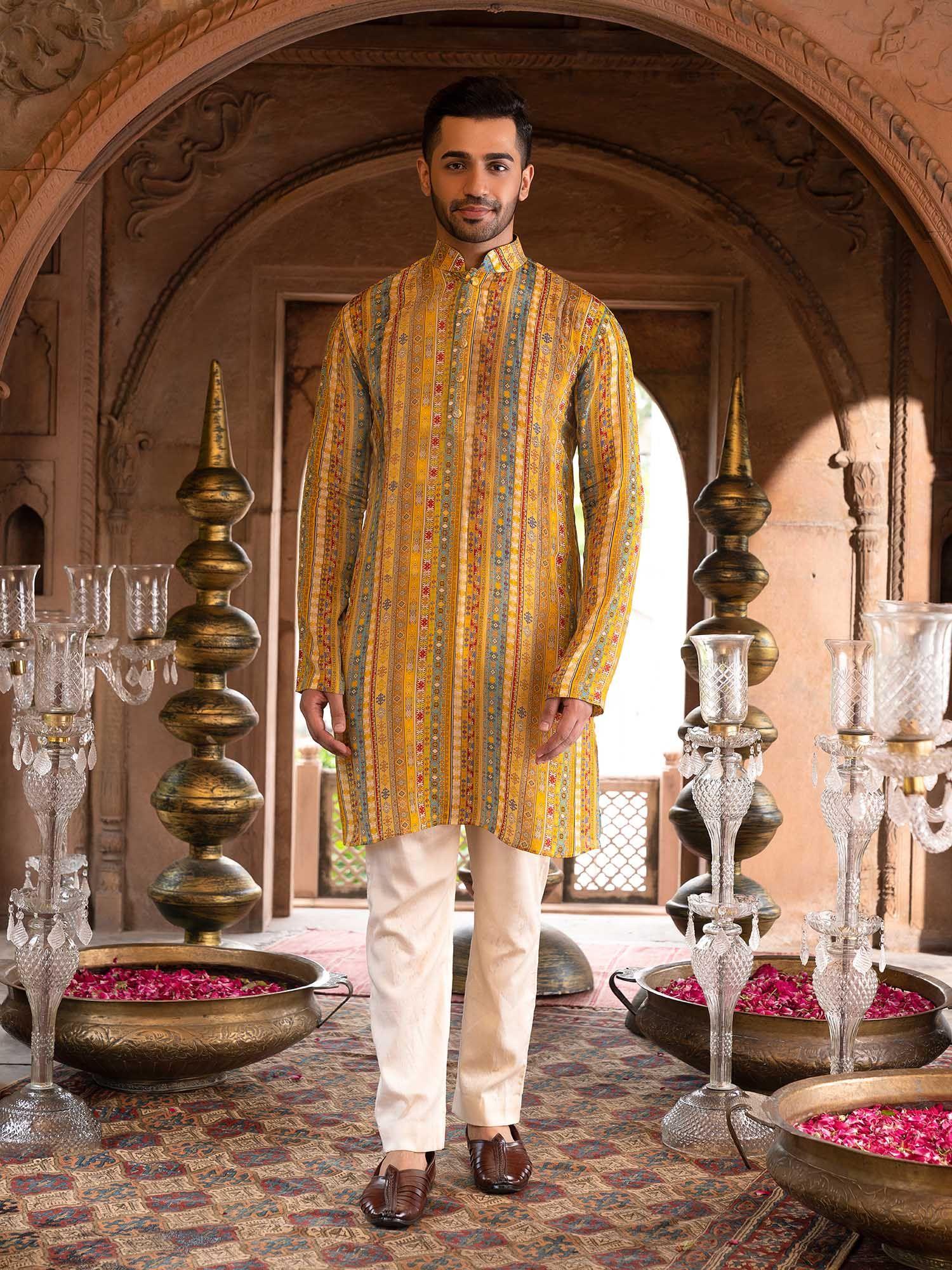 men yellow printed kurta (set of 2)