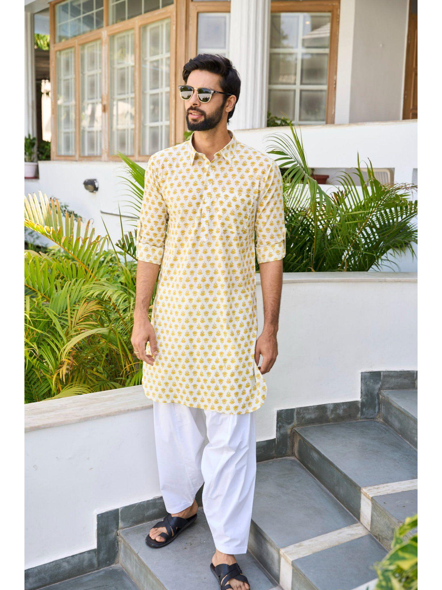 men yellow regular pure cotton pathani kurta with white salwar (set of 2)