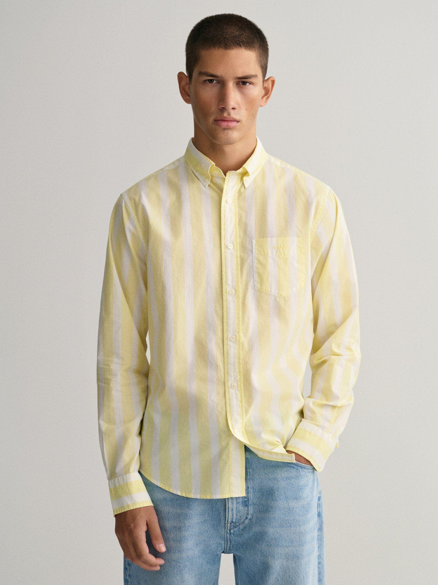 men yellow regular untucked wide broadcloth stripe button down shirt