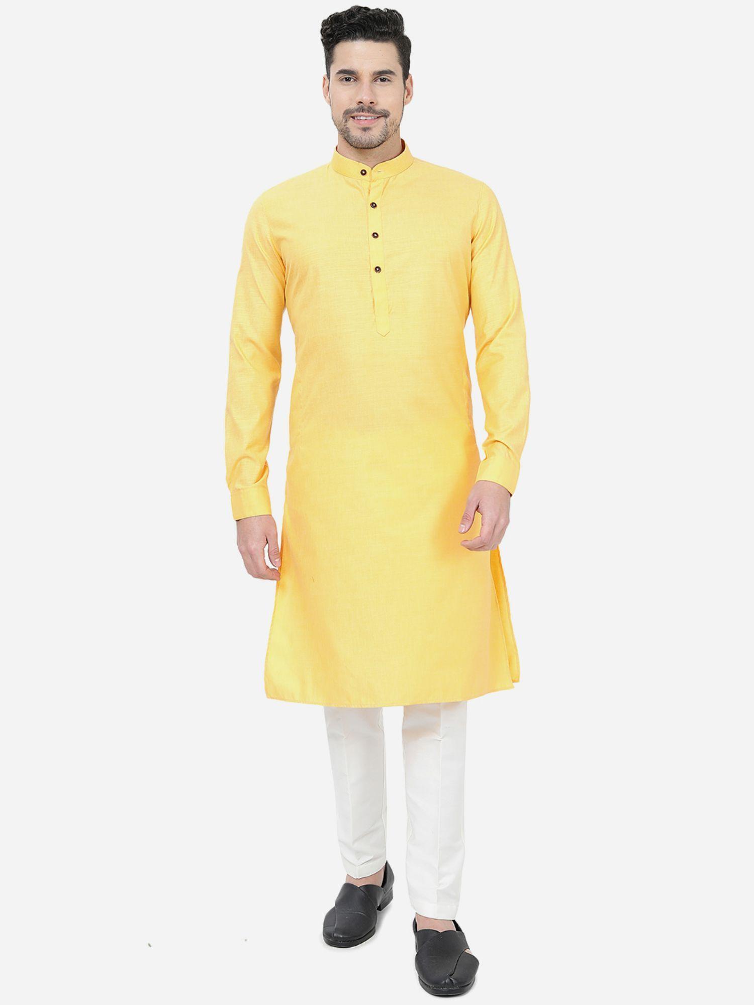 men yellow self textured regular fit modi kurta