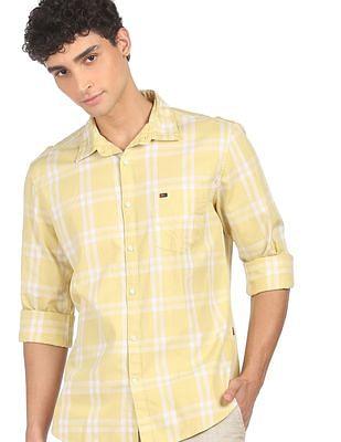 men yellow semi cut away collar check casual shirt