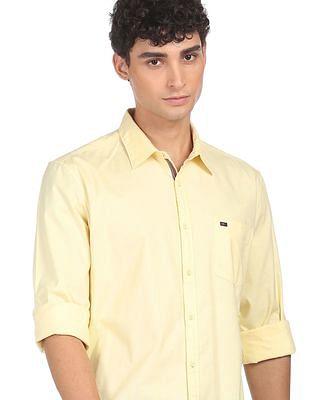 men yellow semi cut away collar solid casual shirt