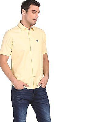 men yellow short sleeve solid casual shirt