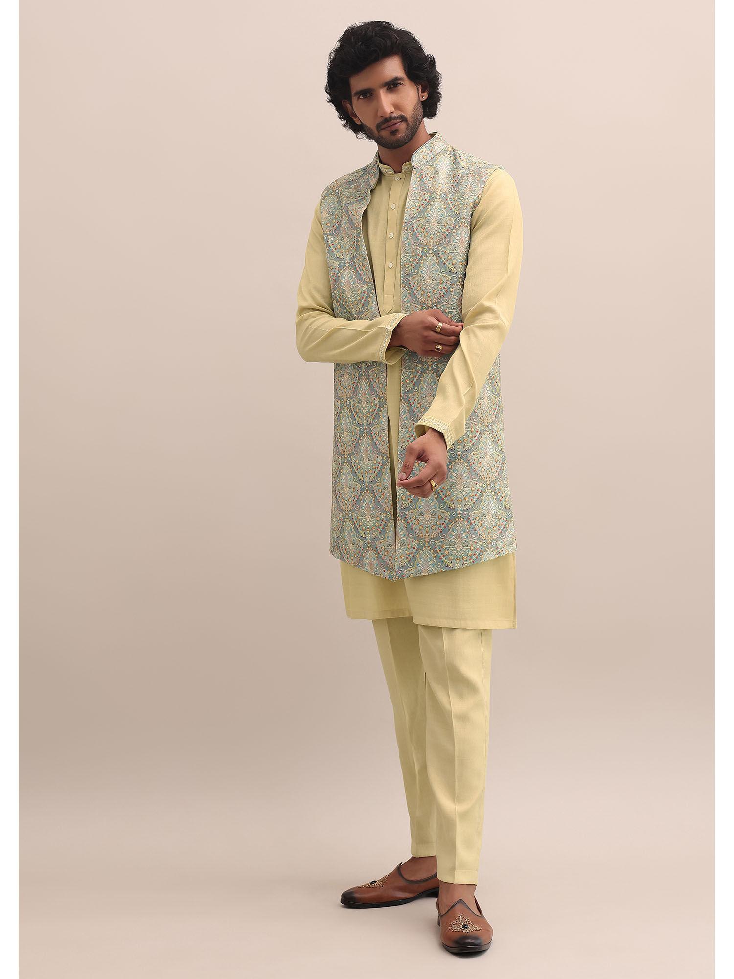 men yellow silk embroidered kurta with pant and jacket (set of 3)