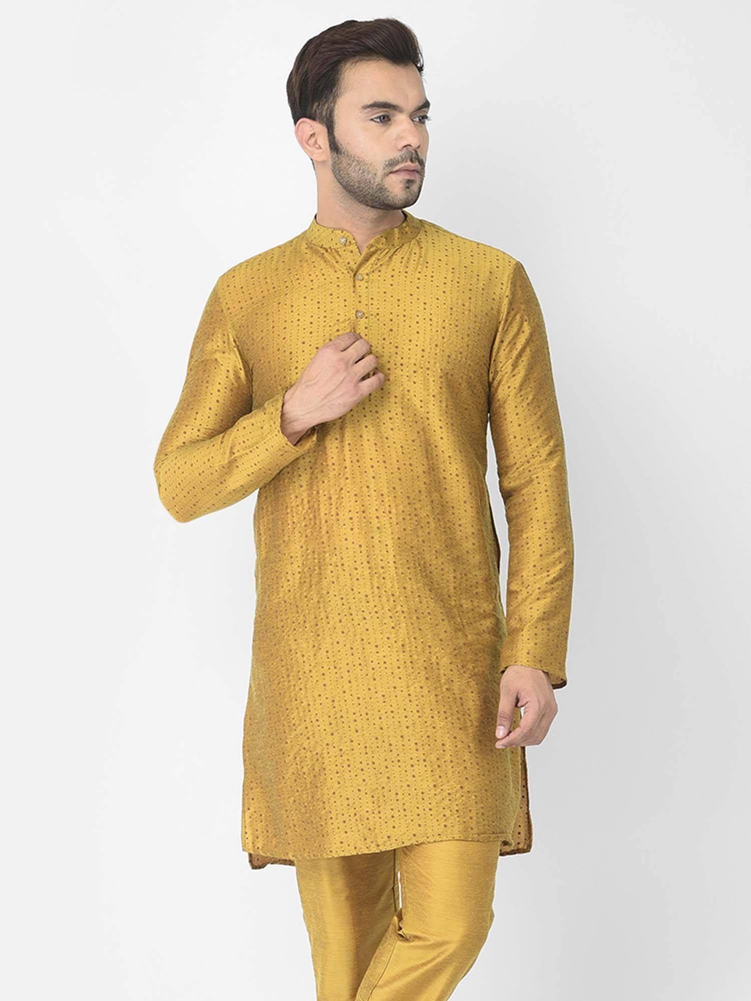 men yellow silk polka dots printed kurta