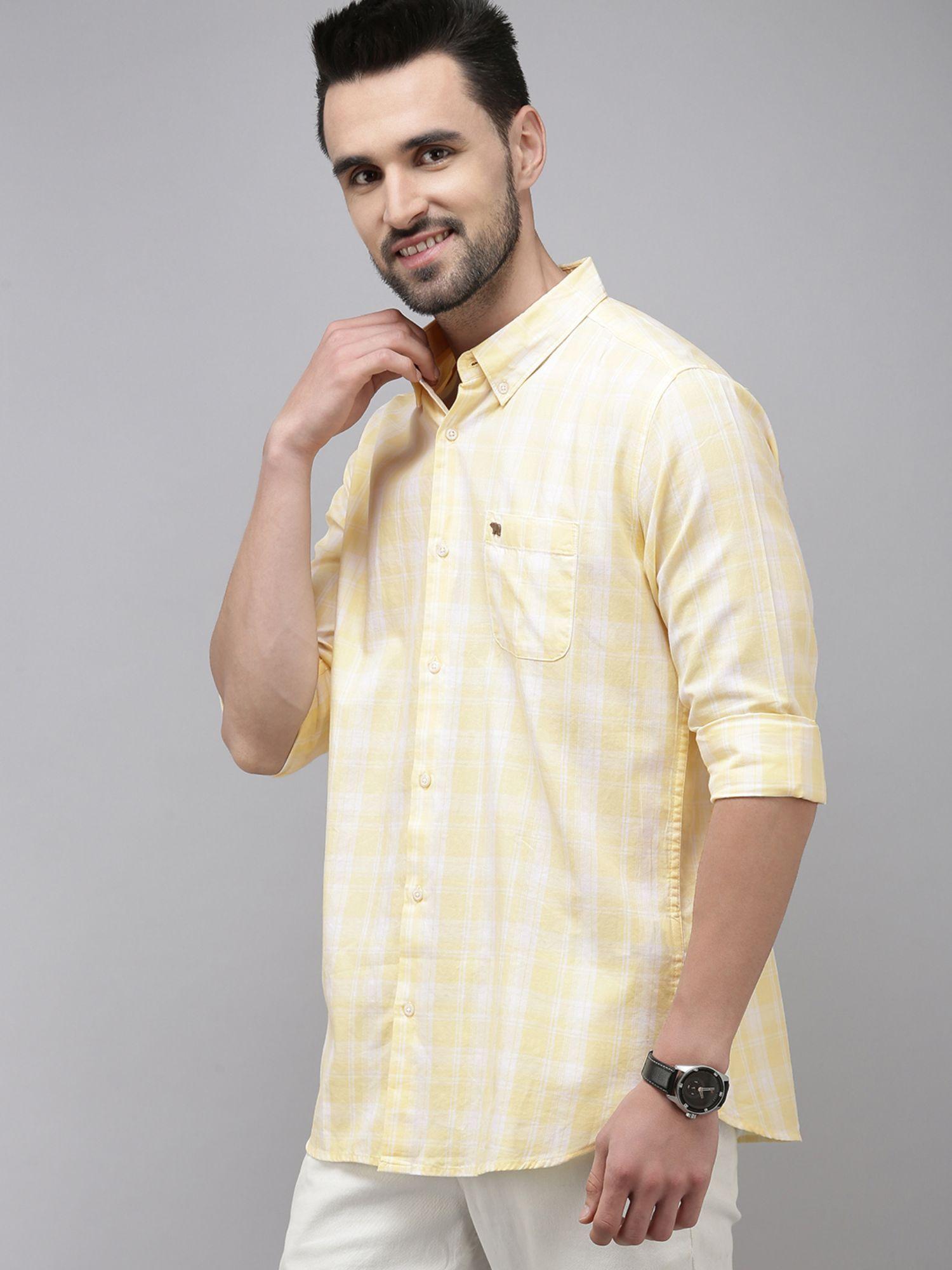 men yellow slim fit tartan checks checked casual shirt