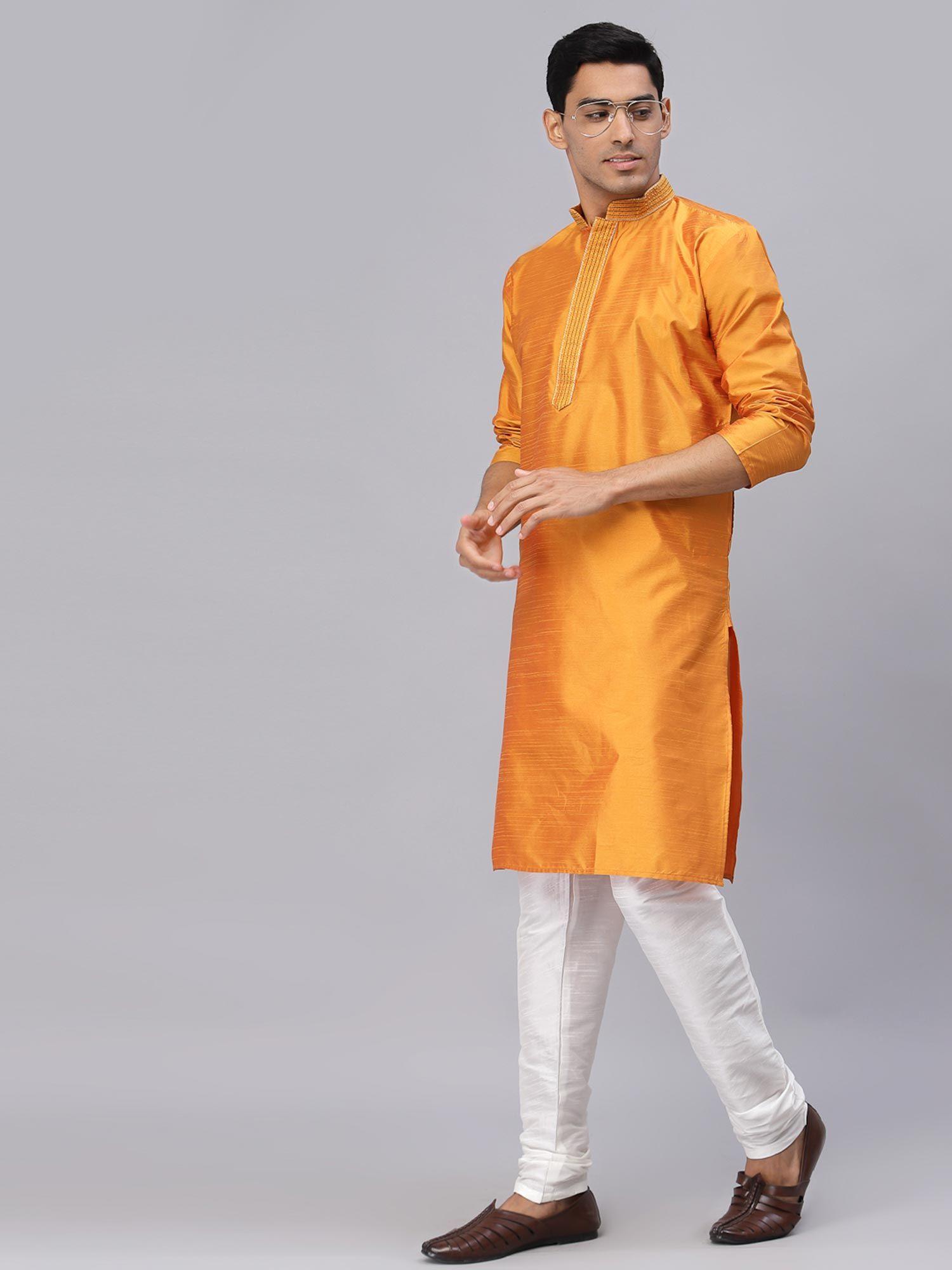 men yellow solid dupion silk thread work straight kurta