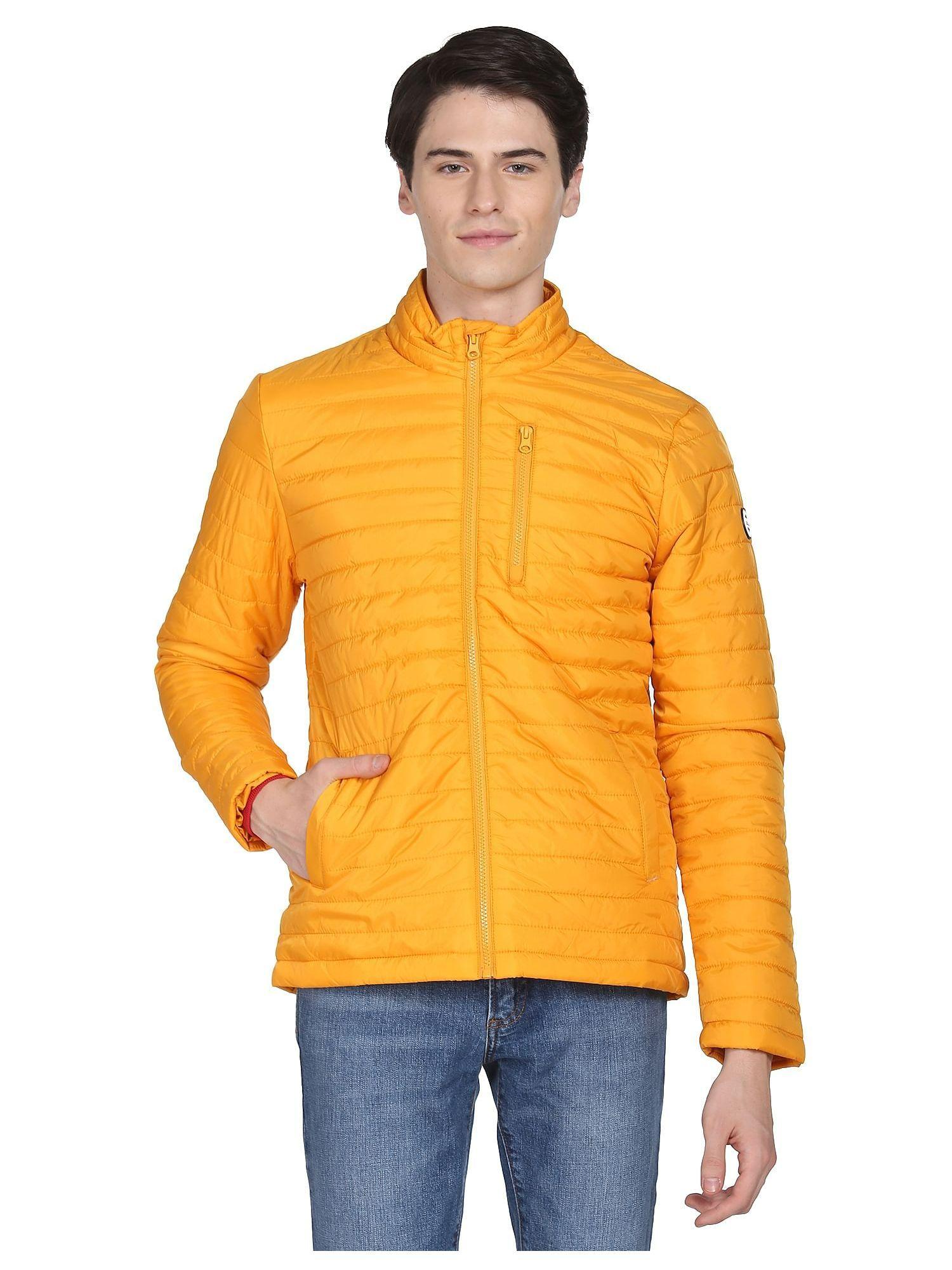 men yellow solid polyester puffer jacket