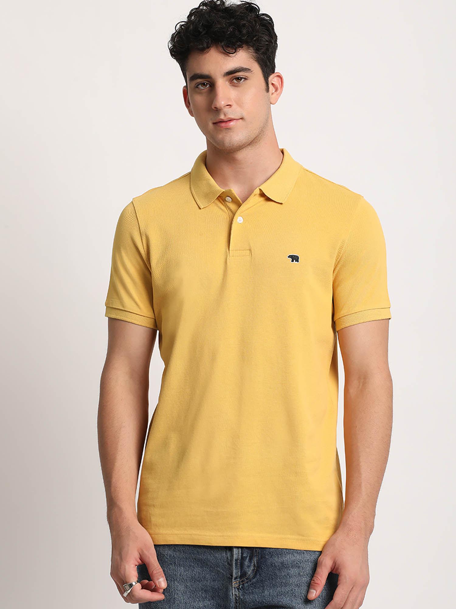 men yellow solid regular fit polo t-shirt