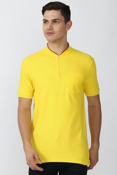 men yellow solid stylized neck round neck t-shirts