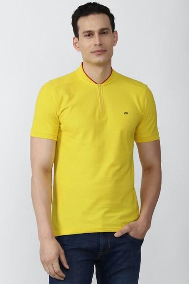men yellow solid stylized neck round neck t-shirts