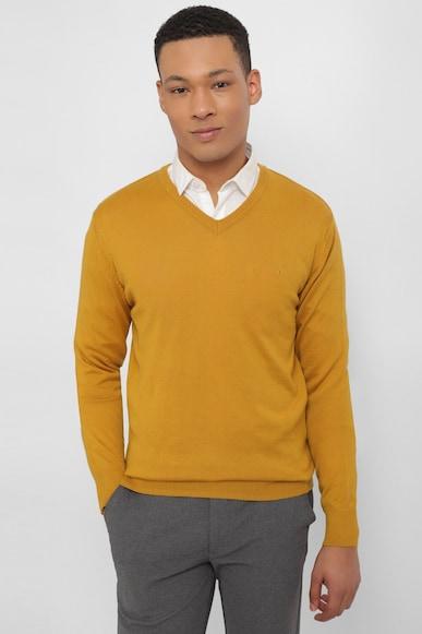 men yellow solid v neck full sleeves sweater