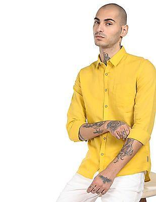 men yellow spread collar solid shirt