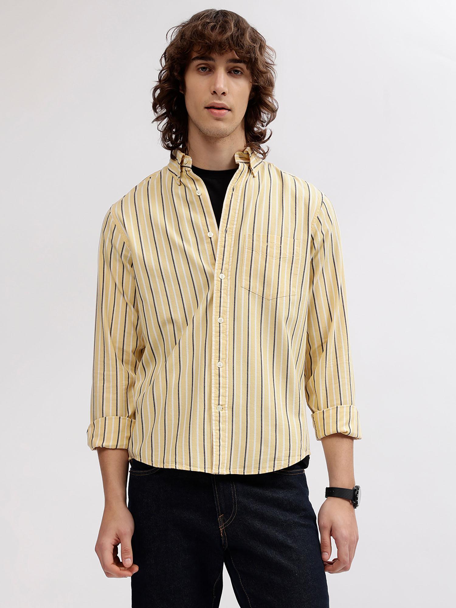 men yellow striped button down collar full sleeves shirt