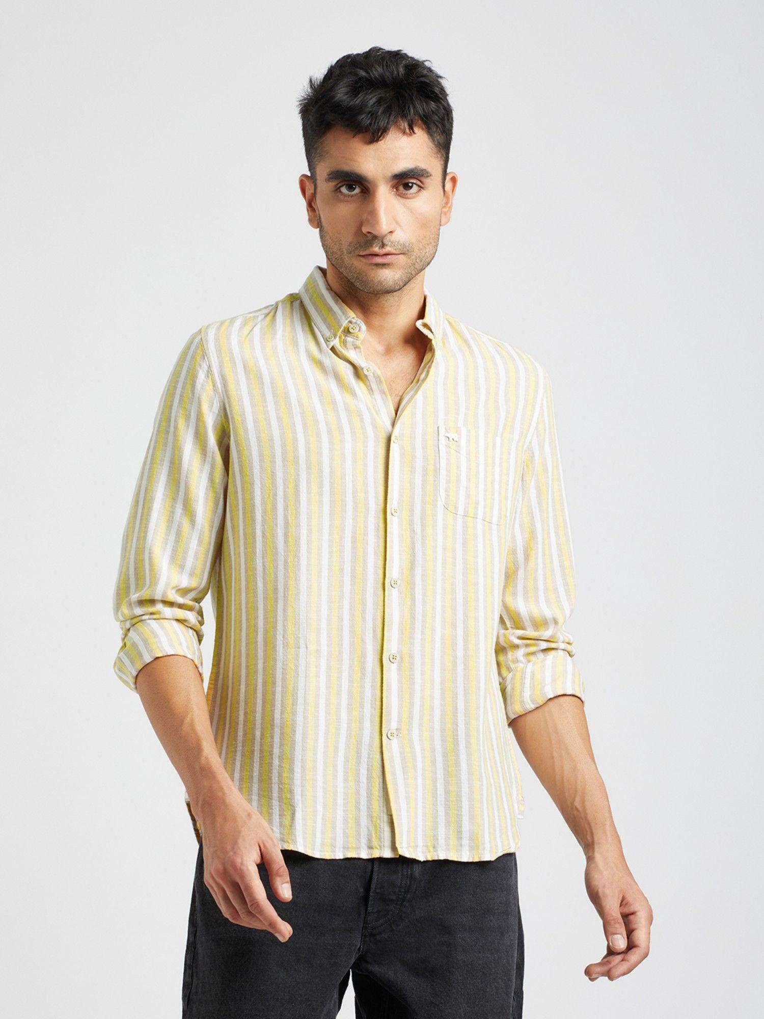 men yellow striped slim fit cotton casual shirt