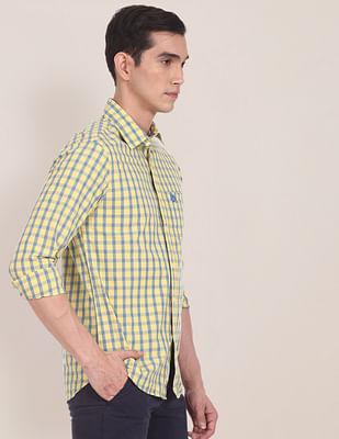 men yellow tartan check premium cotton regular fit casual shirt