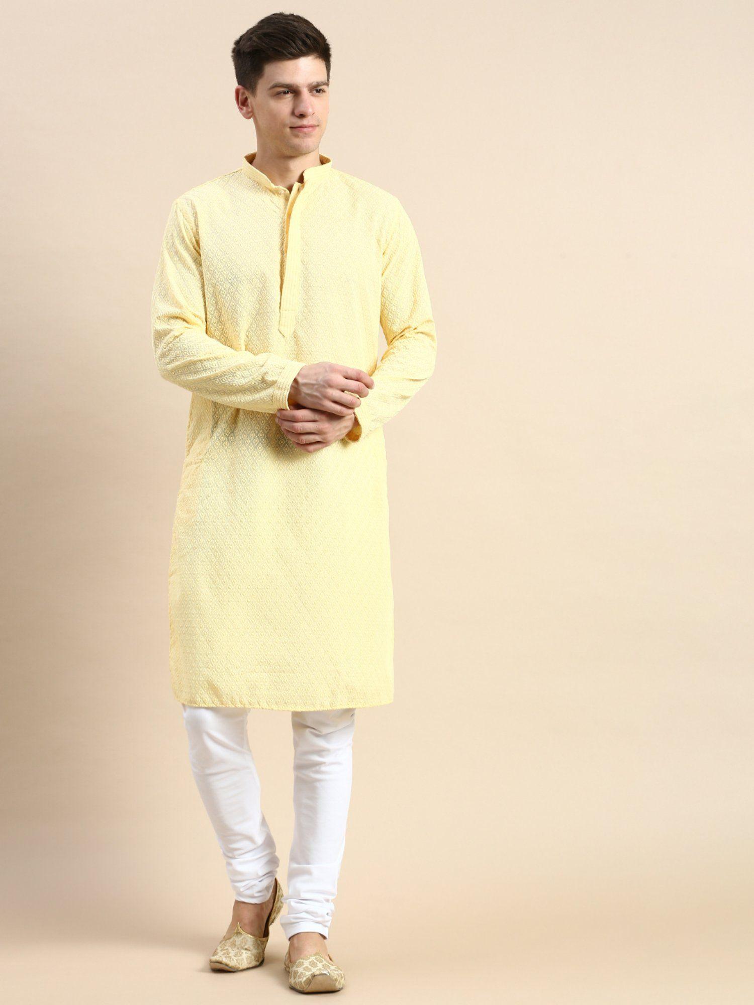 men yellow thread work chikankari indian style cotton kurta and payjama (set of 2)