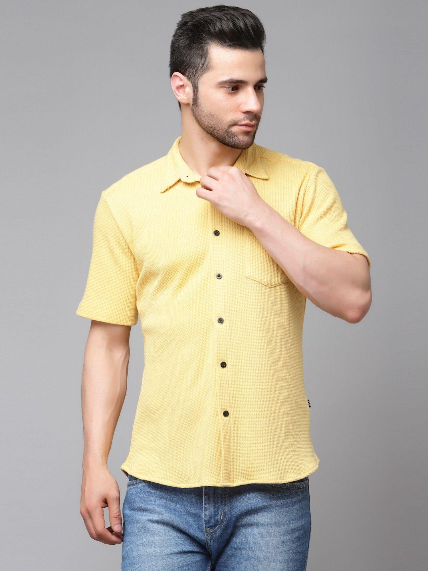 men yellow waffle knit shirt