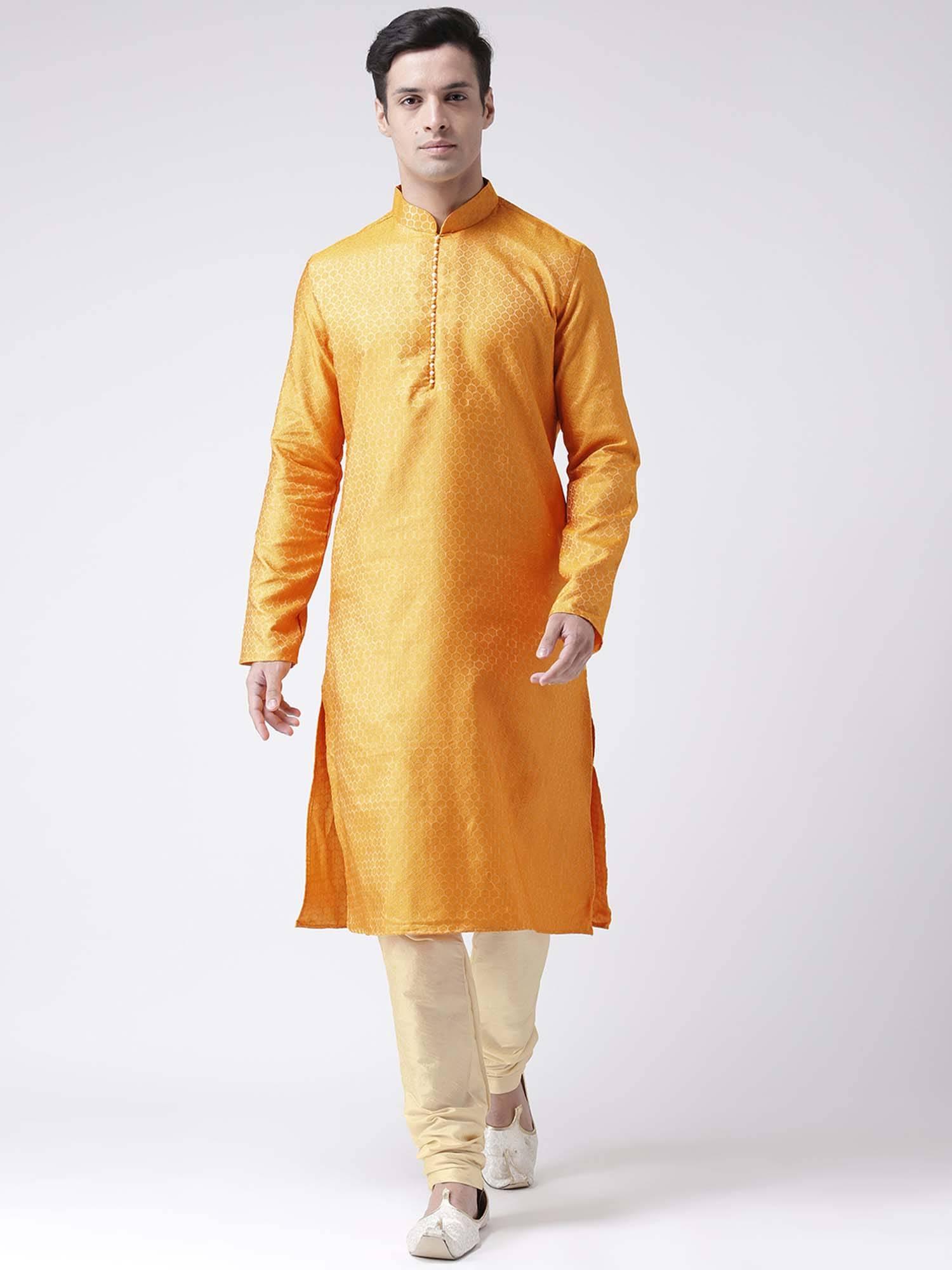 men yellow woven design straight kurta