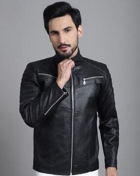 men zip-front regular fit biker jacket