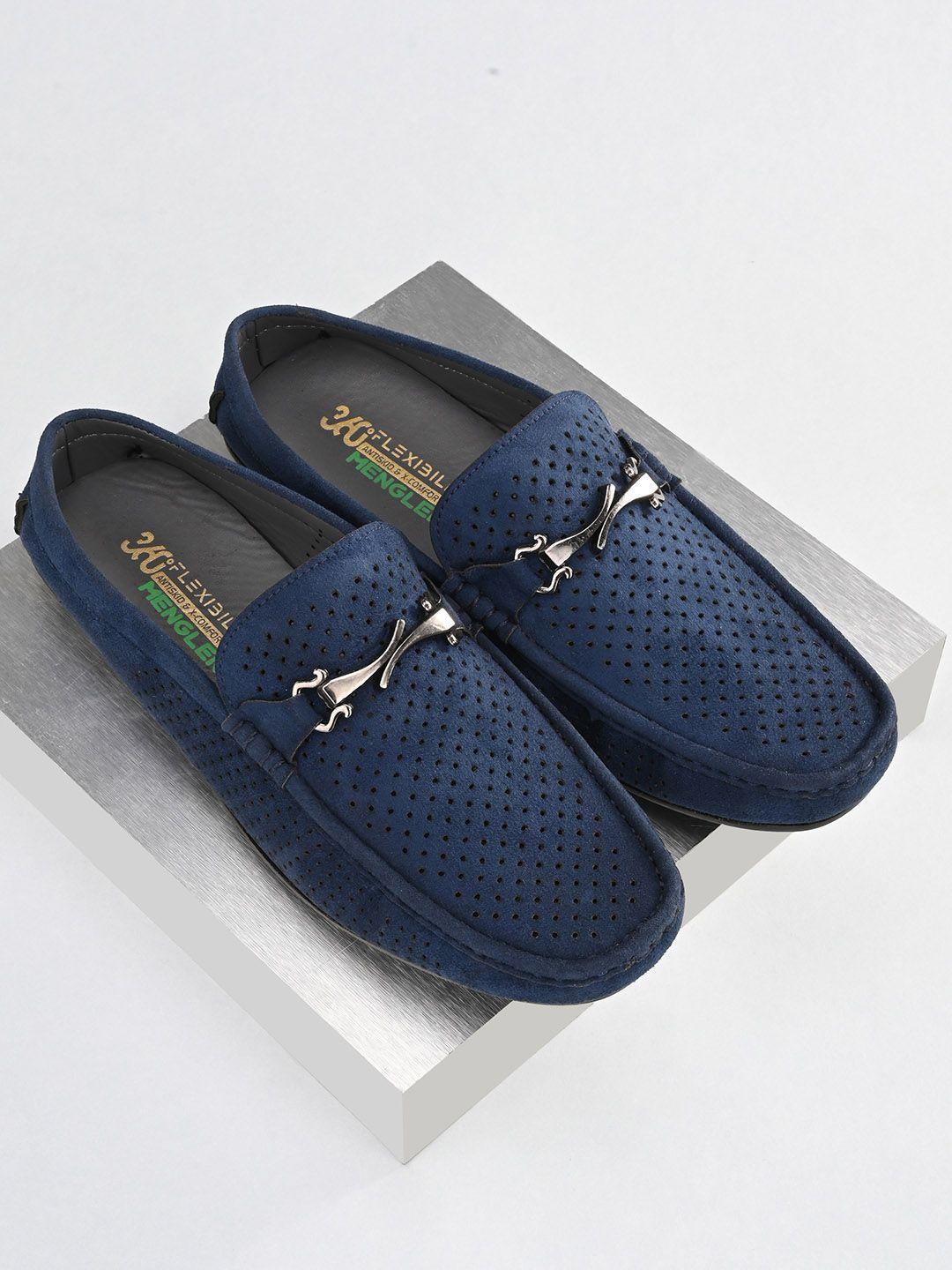 mengler men blue perforations suede loafers