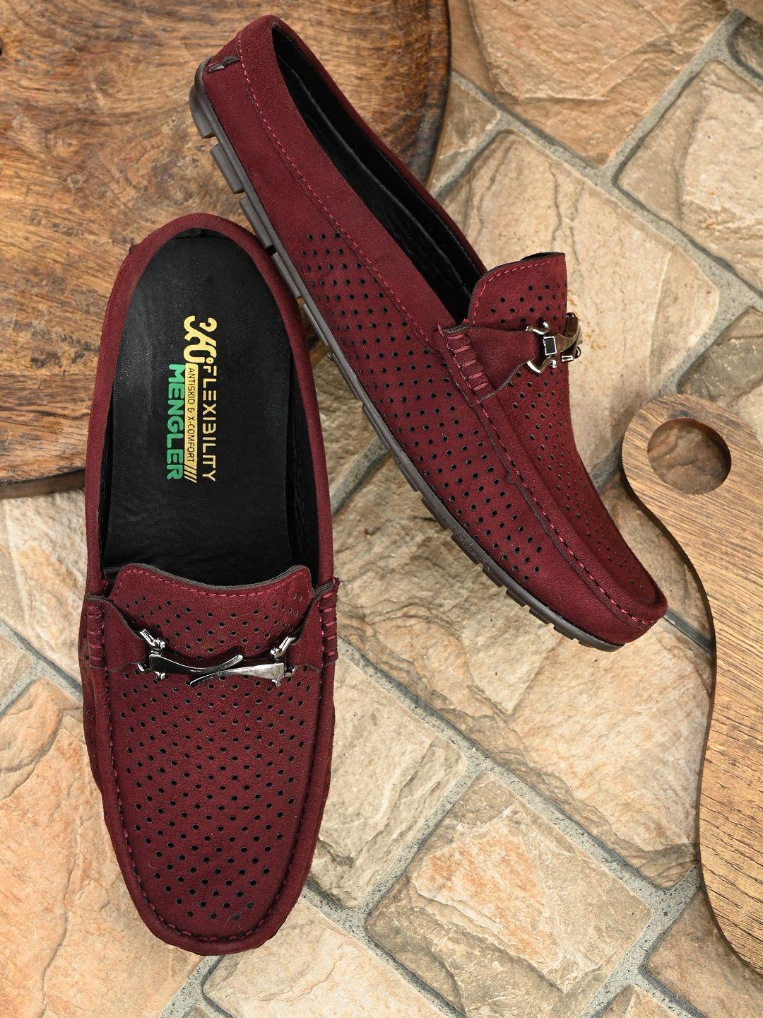 mengler men maroon perforations mule horsebit loafers with cleated sole