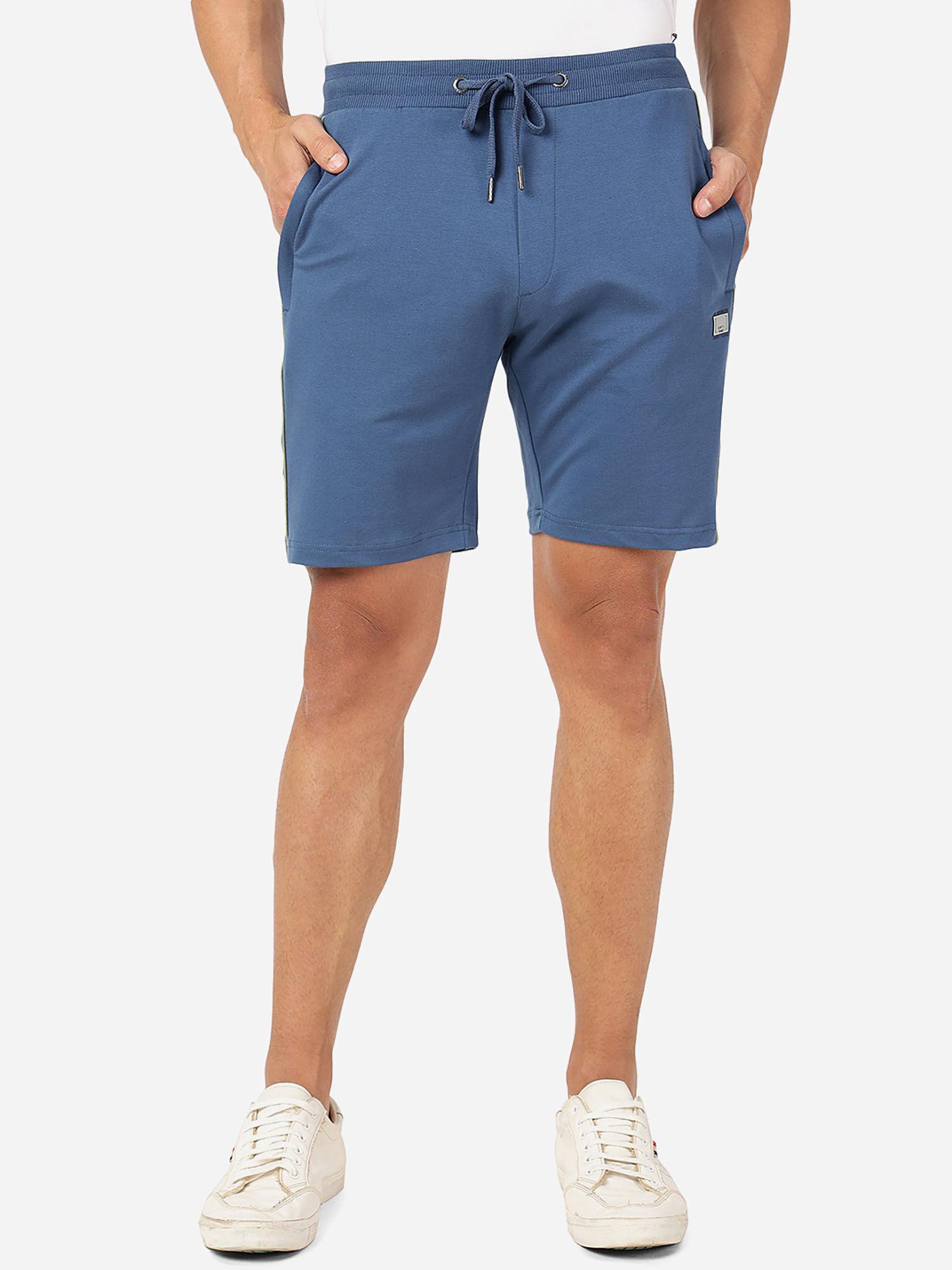 mens 100% cotton solid slim fit shorts blue