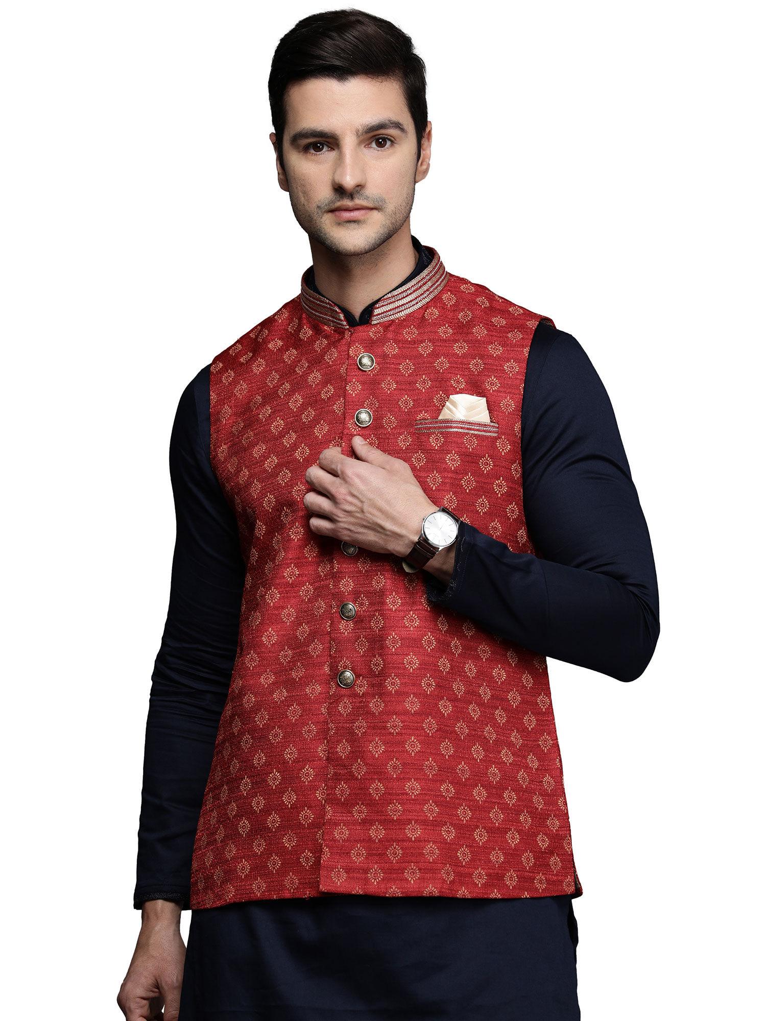 mens art silk printed nehru jacket (red)