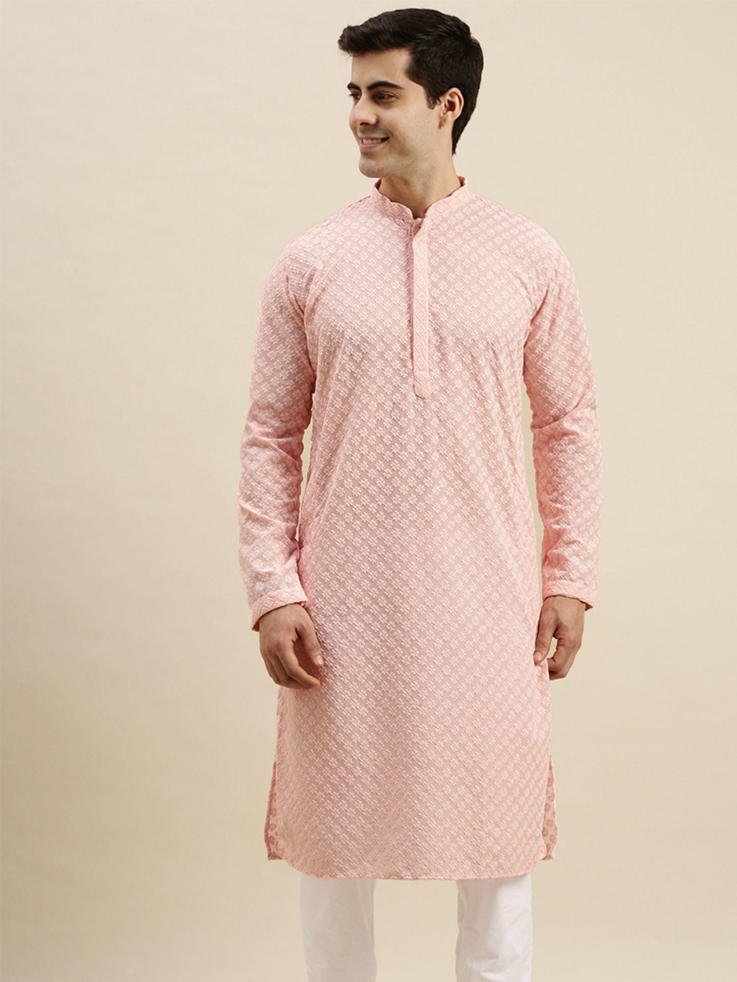 mens baby pink chickenkari long sleeve cotton designer kurta
