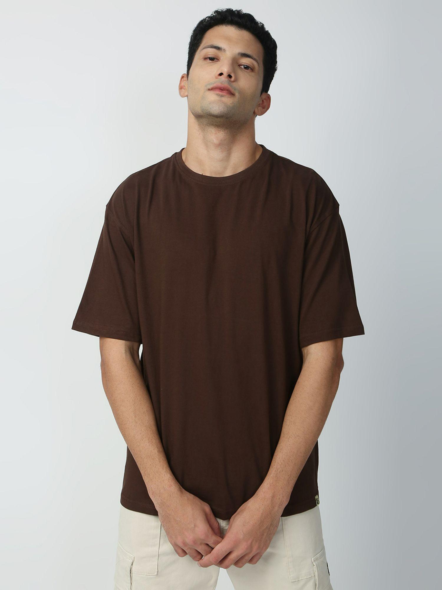 mens baggy dark brown color back printed round neck t-shirt
