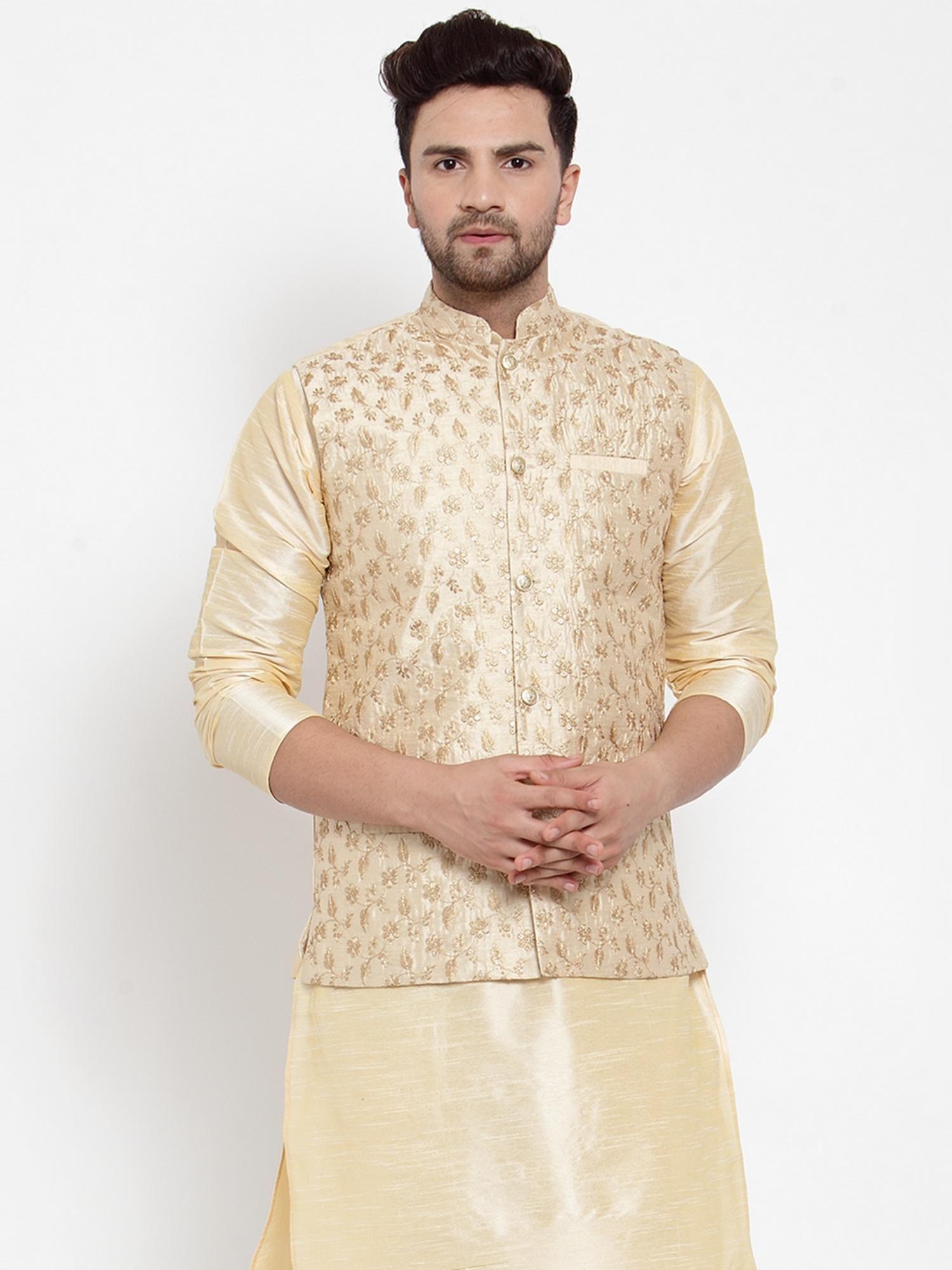 mens beige art silk embroidered nehru jacket