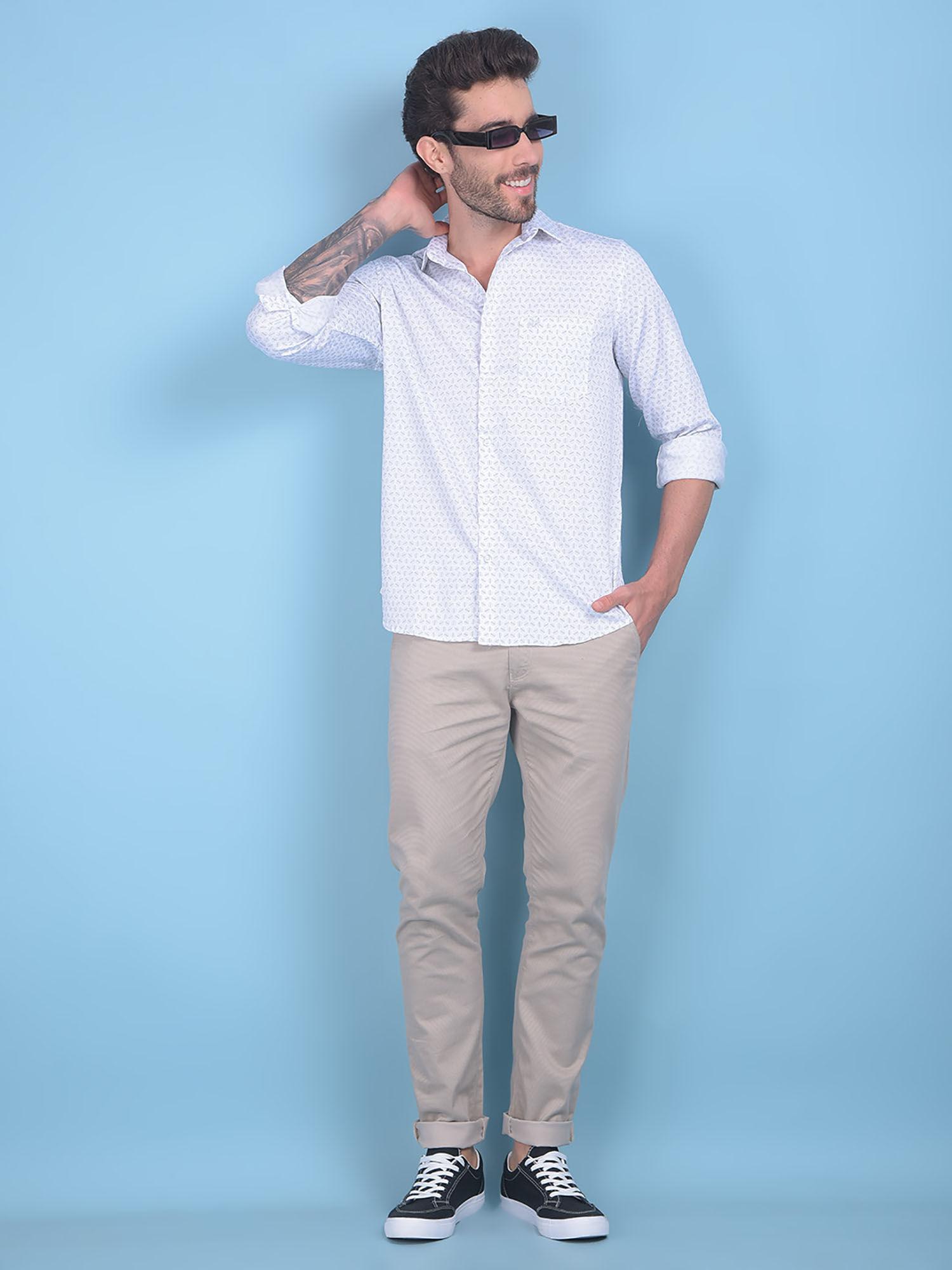 mens beige self design trouser