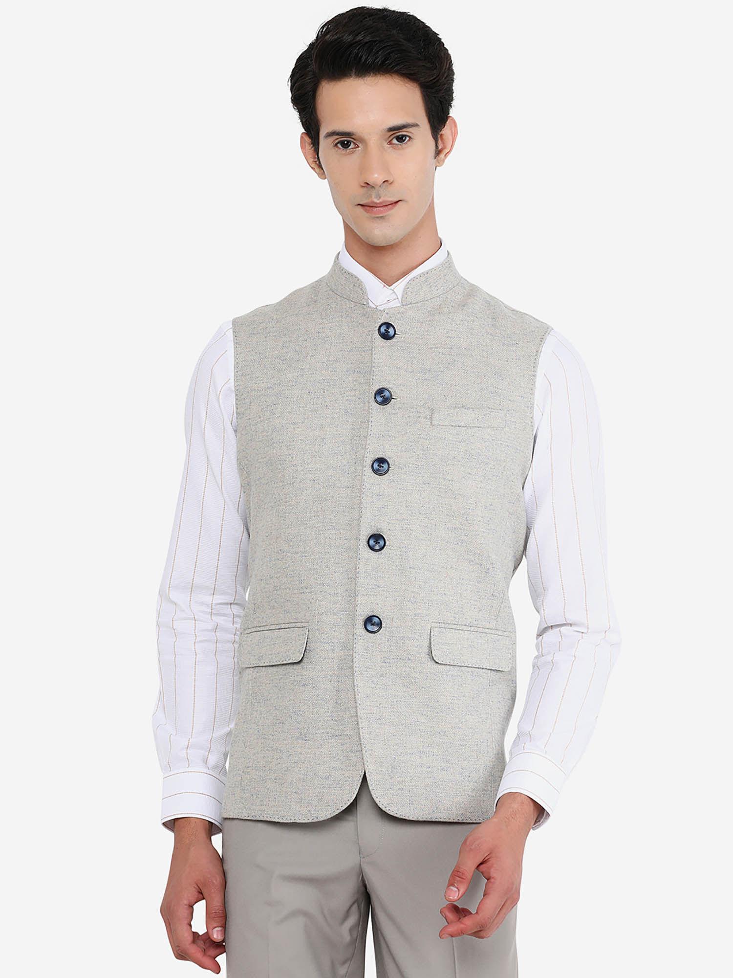 mens beige terry wool solid regular fit waist coat (bandhgala jacket)