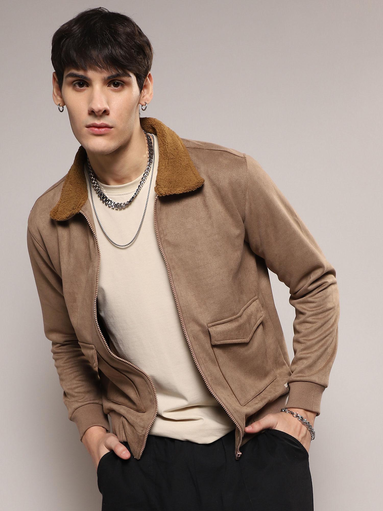 mens beige zip-front jacket with fleece collar