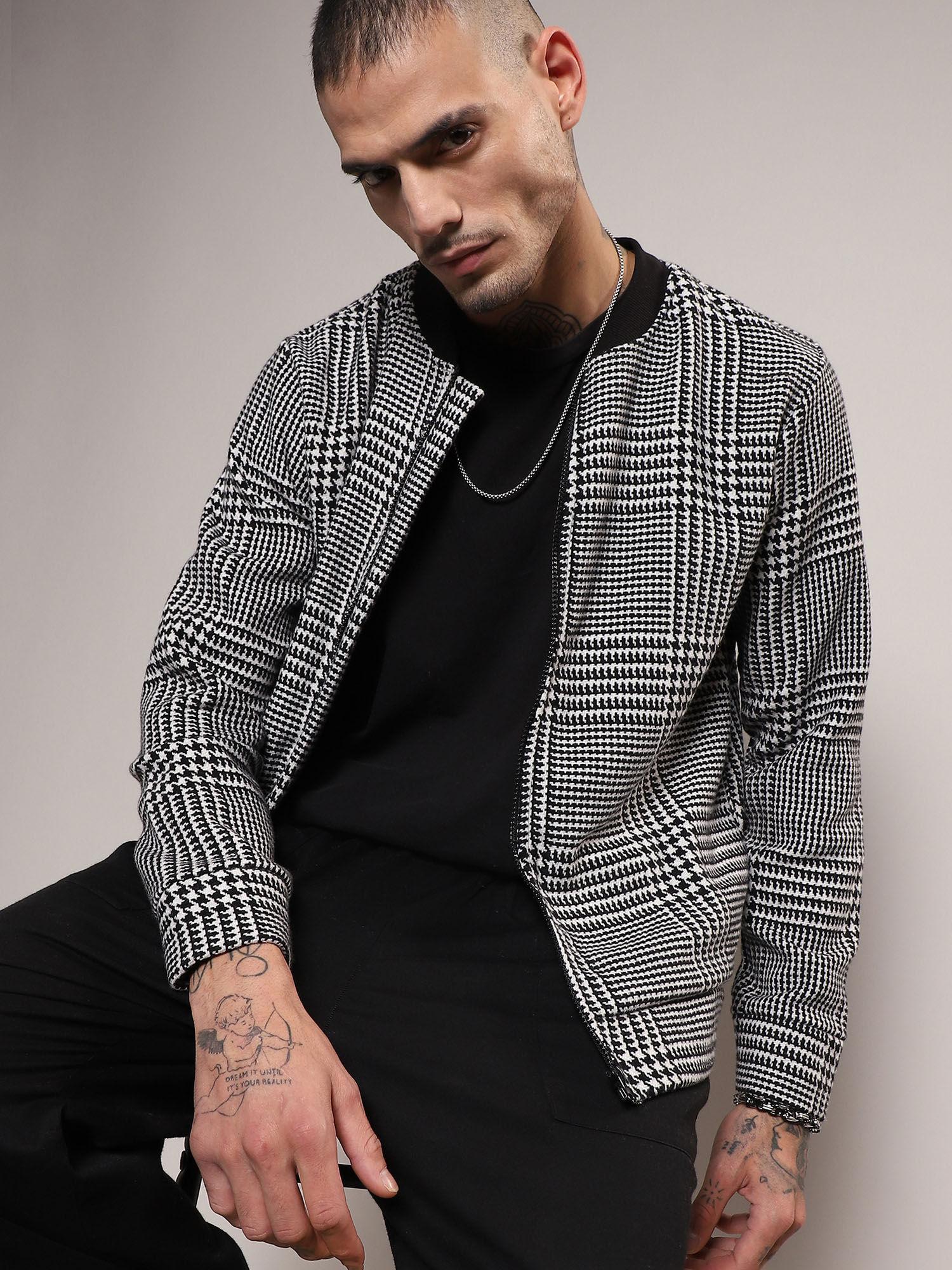 mens black & white zip-front houndstooth jacket