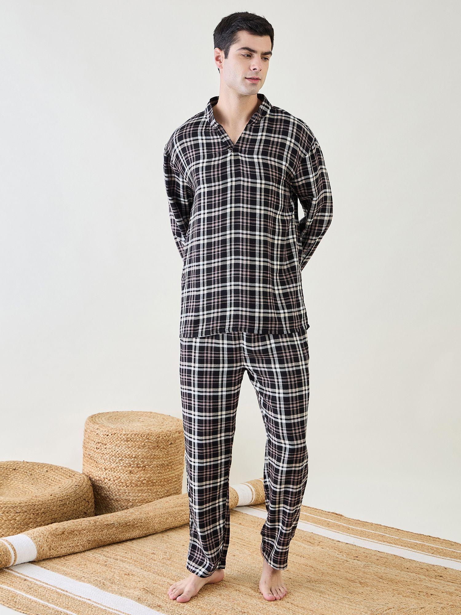 mens black checks top and pyjama (set of 2)