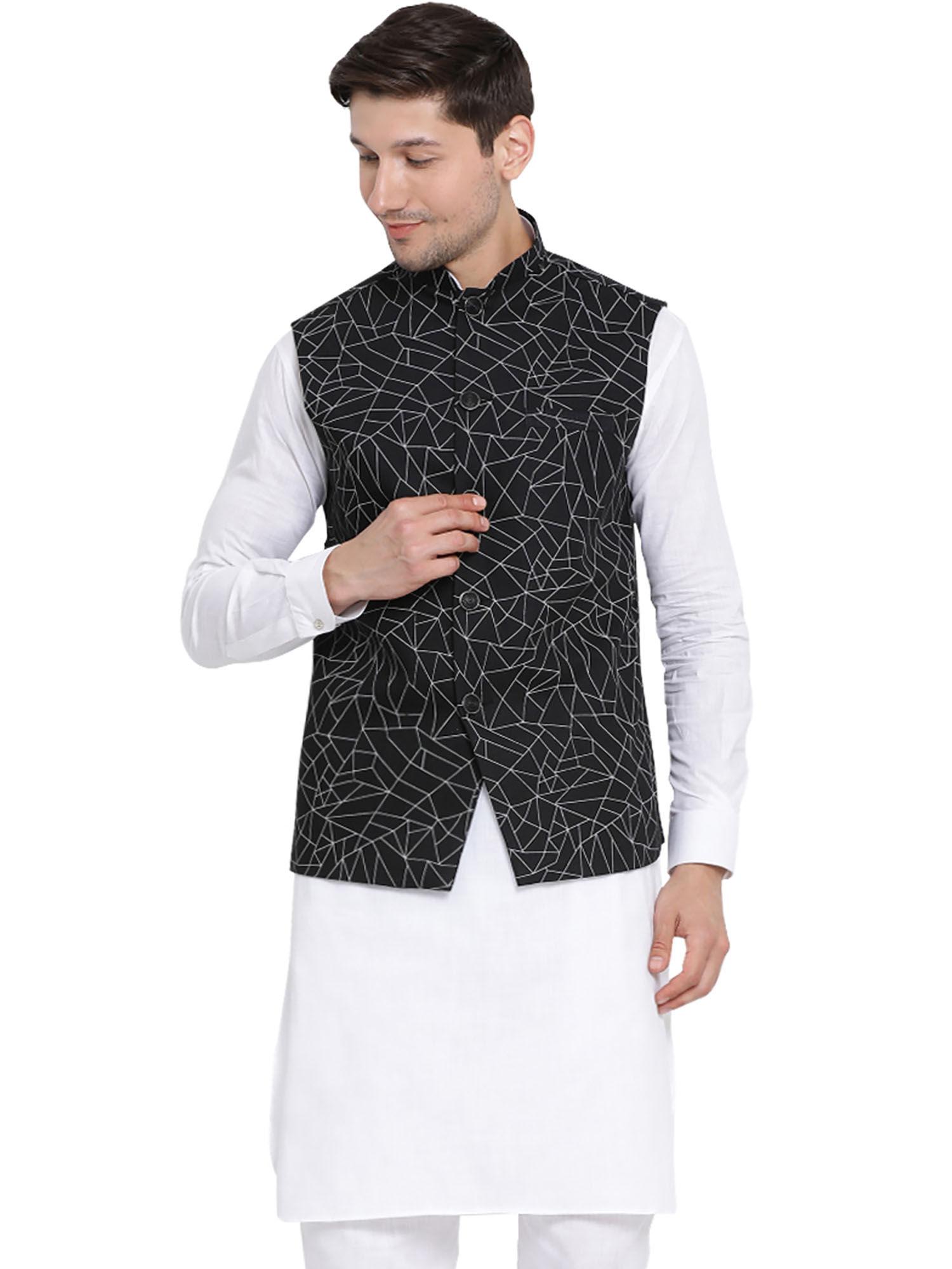 mens black cotton linen blend nehru jacket