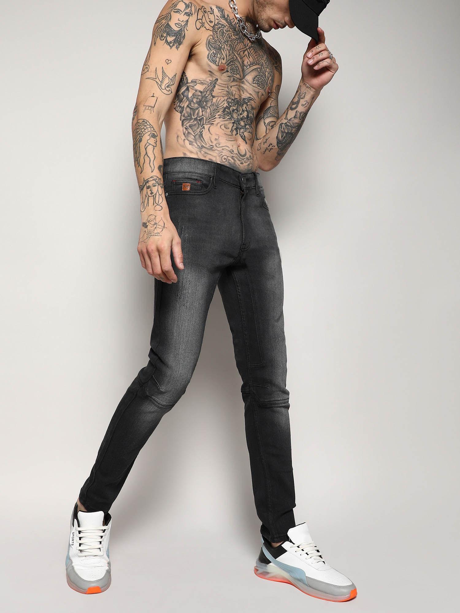 mens black self design patched stitched denim jeans