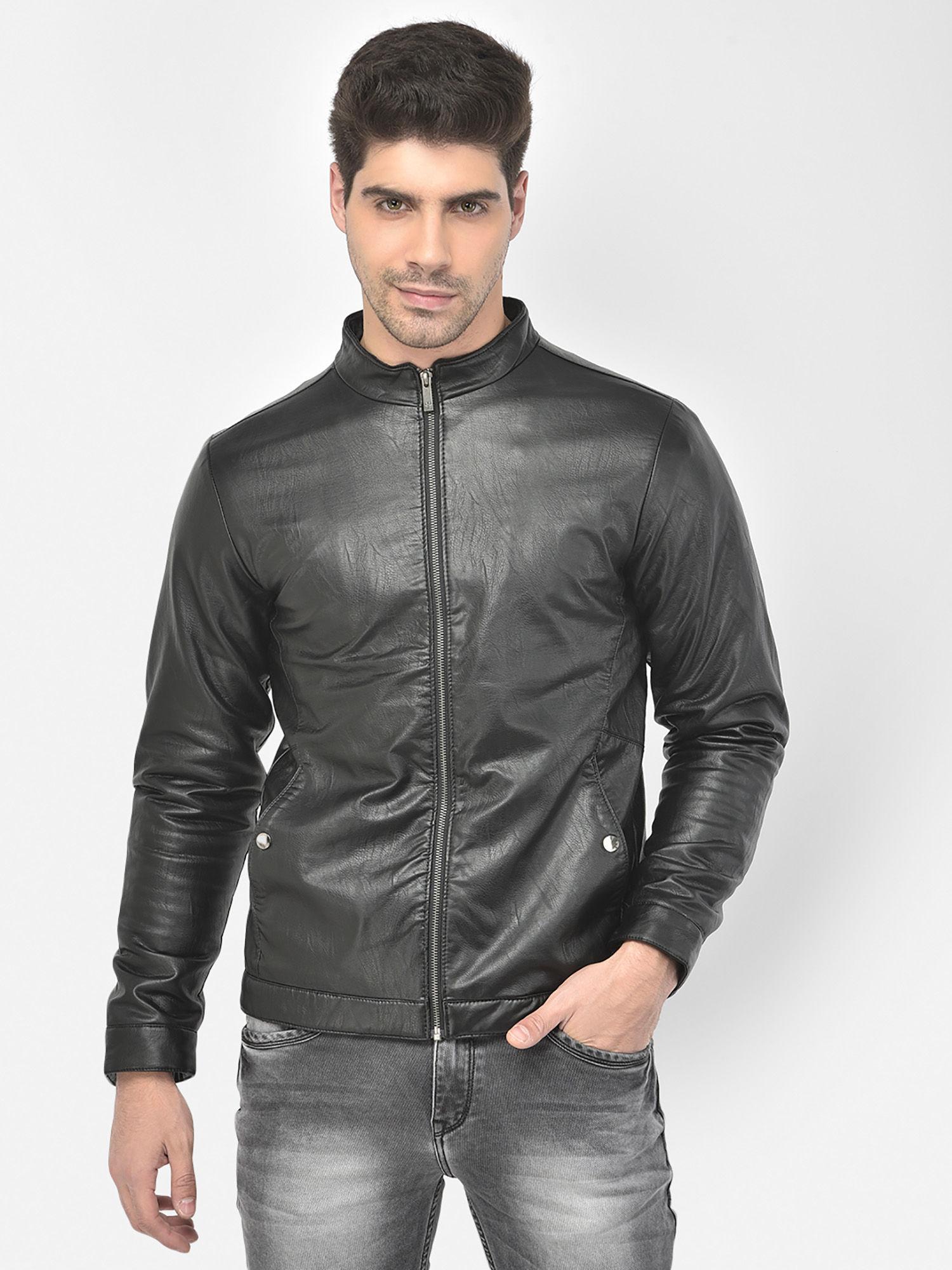 mens black solid pu leather jacket