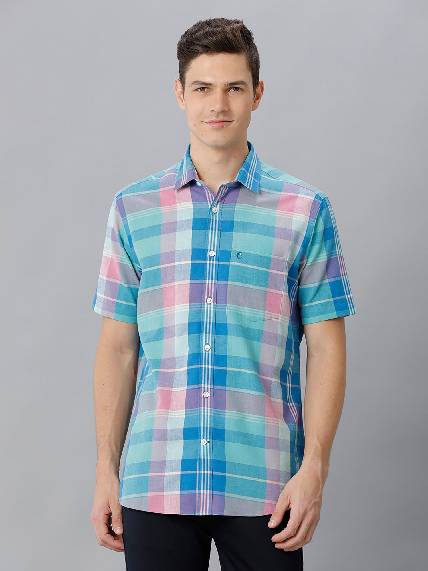mens blue checked regular fit cotton linen shirt