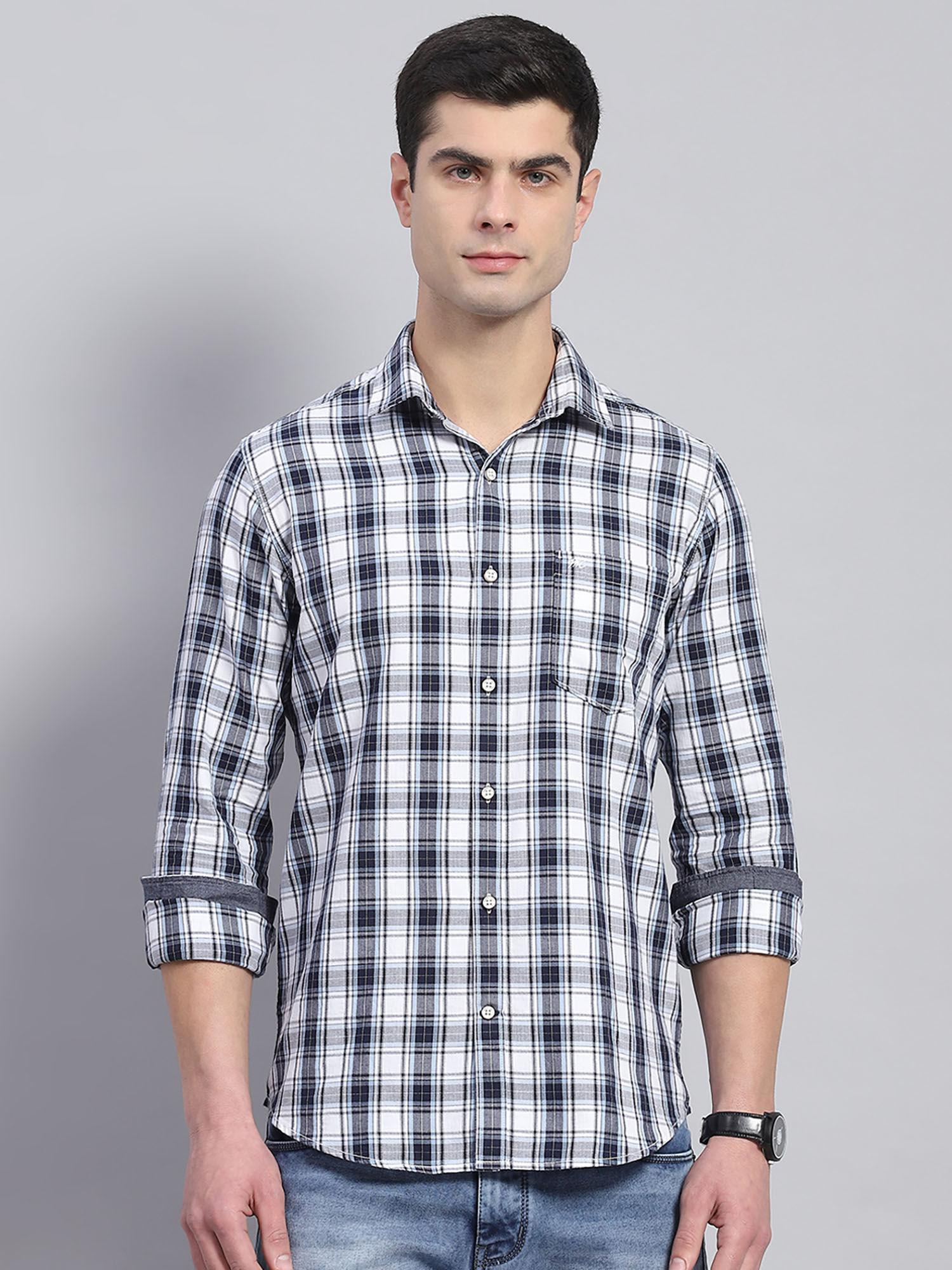 mens blue cotton checkered collared neck full sleeve casual shirt
