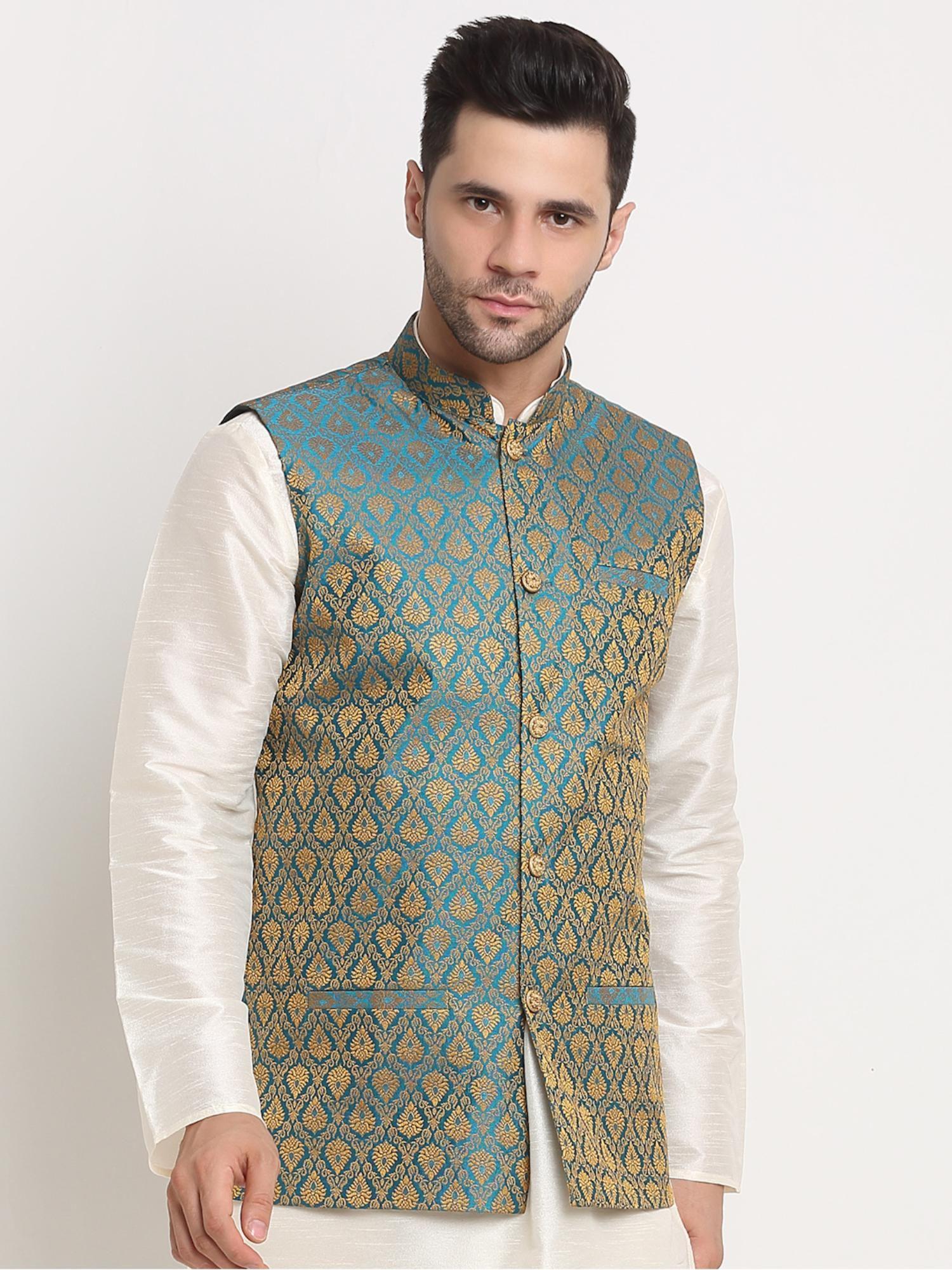 mens blue jacquard woven design nehru jacket